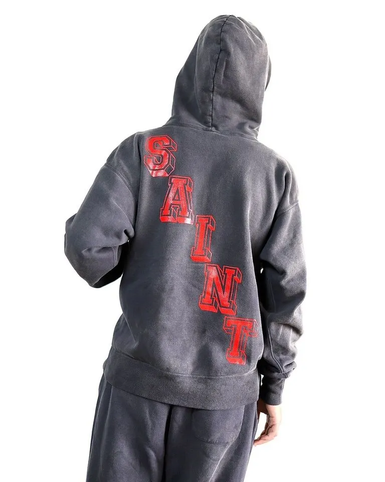 SAINT Mxxxxxx HOODIE/ANGEL / BLK SAINT Mxxxxxx ANGEL HOODIE/BLK Angel Reborn Cracked Printed Retro Distressed Hoodie Assute dyed, full-length spray-painted horse fade, heavy fermentation wash to produce NEW VINTAGE texture, four-needle and six-thread workmanship, no bone seams, more comfortable to wear, genuine grade crack print/accessory restoration
